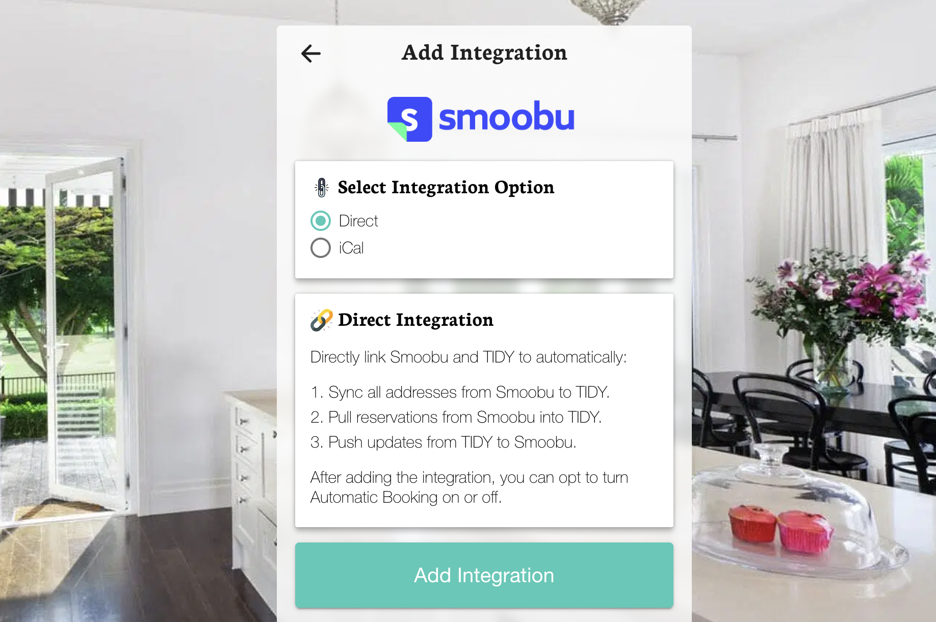 screen shot of direct integration with smoobu on tidy